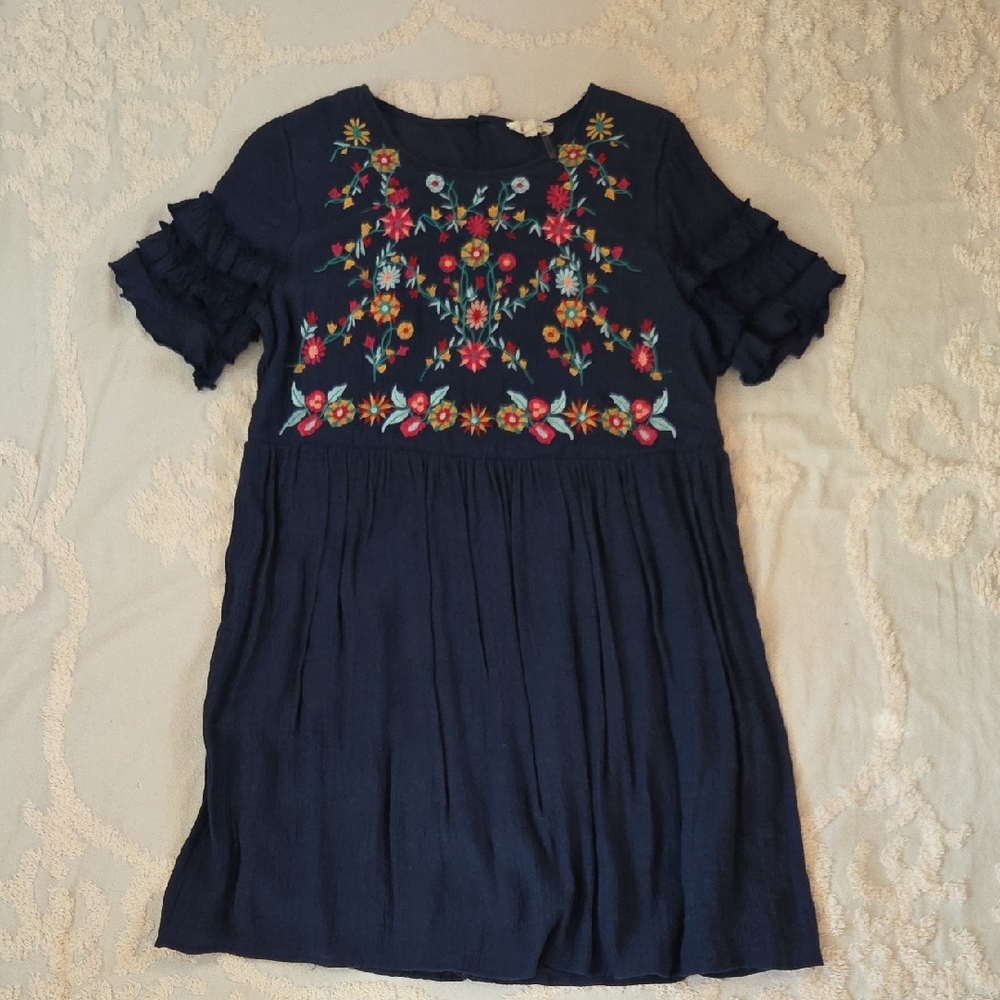 Entro Navy Embroidered Floral Mini Dress Ruffle Sleeves Babydoll Boho L